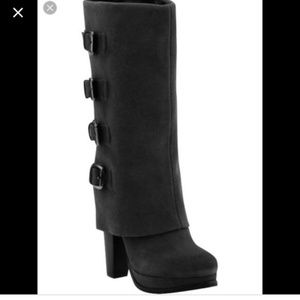 Report Monroe mid calf suede boots with buckles.